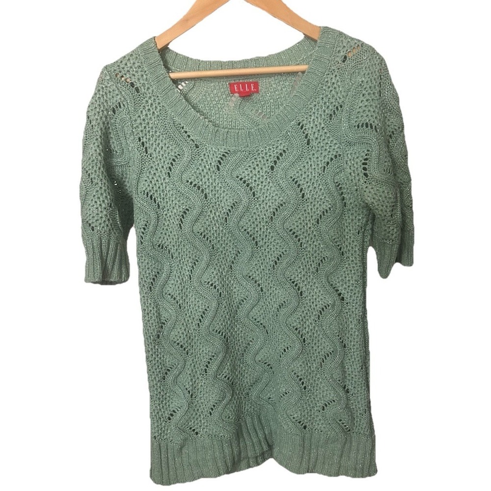 Elle Size M Open Knit Shimmering Metallic Green Tunic Short Sleeve Sweater 549